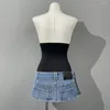 Skirts High Quality Designer Women Fashion Slim Fishbone Denim Patchwork Single Breasted Waist Mini Skirt