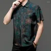 メンズカジュアルシャツダークグリーンプリントサテンドレスメンズシャツ長袖夏の中国スタイル品質柔らかい快適なカミザ
