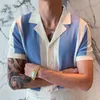 Heren T-Shirts Zomer Mannen Turn-down Kraag Shirt Patchwork Knopen Ribbels Korte Mouw Ademend Gebreide Streetwear Voor MaleMen's