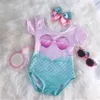 Two-Pieces Kids Girls Cute Swimsuit Casual Short Sleeve Shell Mermaid Print Princess Swimwear For Girls Summer Swim Bodysuit