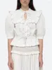 Women's Blouses Vintage Ladies Ruffles Trim O-neck Blouse 2023 French Women Short Puff Sleeve Lace-up Elegant White Pleated Shirt Top