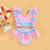 Two-Pieces New Toddler Baby Girls Swimwear Bikini Set Cute Ice Print Ruffle Swimsuit Kids Children Mesh Bathing Suit