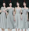 Mix Styke One-shoulder Tea-length Bridesmaid Dress Chiffon Ruffles Party Prom Homecoming Dresses Lace-up Back