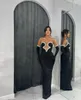 Chérie perlée robes de bal noires demi-manches robe de soirée de soirée plis longue robe d'occasion spéciale avec des gants