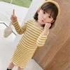 Flickaklänningar 2023 Korea Style Girls Striped Ribbed Dress Fashion Cotton Autumn Full Sleeve 1-6 Years YC693