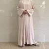 Jeans 2023 vår sommar muslimska mode kvinnor lång ärm Oneck polyester fast färg långa abaya klänningar muslimska uppsättningar islamiska kläder