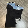 Tweede stuk jurk prepomp mouwloze trekkoord sexy v nek slanke vest tanktop blauwe denim patch lange rok set vrouwen GF821 230509