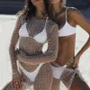 Robes de soirée Sexy Mesh See Through Women Summer Fashion Pearl Manches longues Vacation Beach Maxi Bodycon Club Outfits Cover up 230508