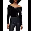 Women's T Shirts 2023 Women's Elastic Velvet With Cuffed Sexy Off Shoulder Waistband Slim Top