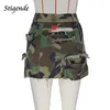 Saias estigende Sexy High Split Camouflage Mini Mulheres Exército Verde Reduzido Rispado Irregular Botão de Pocket Bottle Party 230509