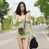 Casual jurken Lygens Spring Summer Lange Mouw Strapless Sexy Slim Ruched Mini Dress Streetwear Party Vakantie VAARDAG VRAGNAAR KLEREN