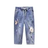 Jeans L4XL Plus Size Summer Elastic Taille Denim Harem Pants Borduurwerk MIDI MIDI RIMT jeans voor vrouwen Straight Casual Mom Jeans C7003