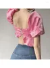 Women's Blouses Zomer Women Puff Sleeve vierkante kraag shirts Franse vintage gedrapeerd ontwerp Crop Tops Kawaii Gyaru Coquette Aesthetic