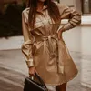 Casual Dresses Women Fashion Patchwork Turn-Down Collar Solid Long Sleeve Button-Down Shirt Pu Mini Dress Lapel Button