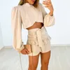 Two Piece Dress Pant Set's 2023 Summer Sweet Half High Neck Long Sleeve Shirt Lace Up Waist Ruffled Short Skirt Set of 230508