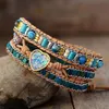 Сеть роскошная кожаная обертка браслеты Bling Blue Heart Opal Jaspers 3 Strands Bracelet Bracelet ручной работы богемных украшений Bijoux 230508