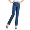 Kvinnors jeans 2023 mamma hög midja solida fickor cowboy byxor kvinnor avslappnad blå dragkedja lång denim blyertsbyxor storlek 28-38