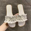 Slippers 2022 Summer New Flat Bottom Pearl Pleated Slippers Feminino Plus Size Lotus Lace Sandals and Slippers G230509