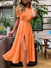 Vestidos casuais vestido de verão feminino clássico com fenda laranja elegante o pescoço maxi vestidos de escritório botões para mulheres vestido de férias para mulheres 230509