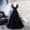 Long Sweety Formal Evening Dresses Black Deep V-Neck Sequins Appliques Sexy Backless Tulle A-Line Lace-up Plus Size Prom Party Gowns 05