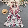 Casual jurken vrouwen diepe vneck Boheemse stijl jurk lente zomer landingsbaan lange mouw bloemenprint ruches zoet cascade vestidos 230509