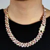 Łańcuchy mężczyźni hip -hop różowy mrożony kubański naszyjnik łańcuchowy bling 14 mm 2 rzędowy dhinestone utwardzony zębnik romb link biżuteria kobiet