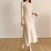 Sıradan Elbiseler Sonbahar Kış Uzun Kollu Parti Elbise Kadın Düğmesi Örme Orta Kalf Yarı Yüksek Yaka Zarif Kazak Bayanlar