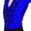 Sahne Giyim Latin Dans Gömlekleri Kraliyet Mavi V Boyun Uzun Kollu Boy Dans Gömlek Erkekler Giysiler Yarışması Samba Top DNV10302