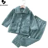 Pyjamas Kids Boys Girls Autumn Winter Thick Warm Soft Flanell Pyjama Set Solid Lapel Tops With Pants Soving Clothing Set 230509