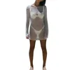 Abiti casual Copricostume bikini sexy da donna Summer Solid See-Through Sleeveless Backless Knit Mini Dress Swimwear Beachwear