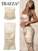 Two Piece Dress TRAFZA Women Draped Skirt Set Sexy Backless Strapless Tube Tops Pleated Tulle Midi Skirts Female 2023 Summer Streetwear 230508