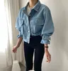 Women's Jackets Korean Chic Autumn Niche Everything Lapel Loose Multi Pocket Washed Blue Bubble Sleeve Short Style Denim Coat Female