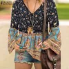 Dames blouses shirts geprinte zanzea dames v nek lange mouw vrouwelijke tuniek tops bohemian bloemen femininas losse knopen chemise 230509