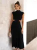 Casual Dresses Solid High Waist Hollow Out For Women Summer Sleeveless Cut Dress Fashion Elegant Clothes Vacation