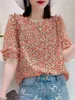 Womens Blouses Shirts Woman Summer Style Tops Lady Casual Short Lantern Sleeve Oneck Simple Flower Printed Blusas DF4482 230509