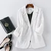 Ternos femininos Blazers Jaqueta de linho de algodão Mulheres de verão fora de alta qualidade Solid Solid Button entalhou com três quartos de manga 230509