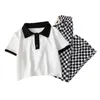 Set Suits Girls Junior Summer Suit Children S Checkerboard Byxor Kort ärm T -skjorta 2 bit breda benbyxor 3 12y 230508