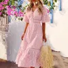 Spódnice Summer Fashion Women Vneck Shortsleeved Otwórz SingleRarded Ruffle Ruffle Lace Tape Long Dress Boho Elegant V Neck 230509