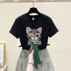 T-shirt Femme Mode Femmes Mignon Chat Broderie Tshirt 2022 Nouvelle personnalité de base Pull Casual Summer T-shirt à manches courtes Harajuku Tissu J230506