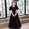 Lange kleine Mädchen Festzugskleid Schwarze Mutter- und Blumenmädchenkleider für Teenager formelle heilige Kommunion Kleid Prinzessin Partykleider mit Bogen 403