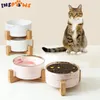 Feeding Marbling Ceramic Dog Bowl Set Dish with Wood Stand Elevated Cat Bowls Pet Dogs Feeding Dishes Bowl for Dog Cat Water Food Feeder
