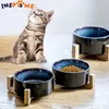 Keramik-Hundenapf-Set, Schüssel mit Holzständer, erhöhte Katzennäpfe, Haustier-Hunde-Futternäpfe, Schüssel für Hunde, beschwerter Wasserfutterspender für Katzen