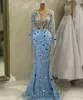 ASO EBI 2023 ARABIC Sky Blue Prom Sukienka Syrenka Syrenka Kryształki Even Formalne przyjęcie Drugi przyjęcie urodzinowe suknie zaręczynowe sukienki szata de soiree sh030