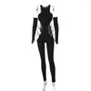 Women's Jumpsuits Crystal Solid O Neck Sleeveless With Gloves Hollow Out Sexy Bodycon Jumpsuit 2023 Fall Women Fashion Party Club Y2K