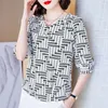 Dames blouses Koreaanse mode elegant chic kralen print v nek losse shirts lente zomer casual woon -werkverkeer top blouse dames blusas kleding