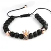 Charm Bracelets Natural Black Matte Stone Bead Zircon Crown Rope Braided Bracelet Adjustable Pulseras For Men Women