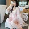 Women's Sleepwear Ladies Summer 2PCS Mesh Nighty Suit Sexy V-Neck Strap Intimate Nightgown Full Sleeve Bathrobe Spring Autumn Princess