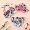 Tvådelar baby badkläder flickor bikini set sommar blommig leopard ruffle baddräkt med badmössa småbarn baddräkter barn strandkläder