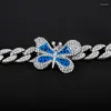 Kedjor Full Rhinestone Miami Cuban Link Chain Fjärilshalsband för kvinnor Kvinna Silverfärg Choker smycken 18 tum-24 tum