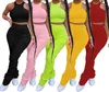Damen zweiteilige Hose Damen Sommeranzüge einfarbig eng klein Unterhemd Plissee Micro Flare Jogginghose Set modisch lässig